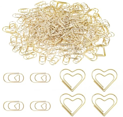 Set med 200 pappersklämmor, hjärtformade pappersklämmor, 2 snygga metallklipp, små bokmärken, transparent låda för kontoret
