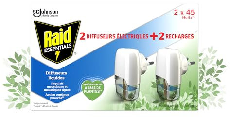 Raid Essentials Diffuseur Électrique Liquide - Répulsif Moustiques et Moustiques Tigres 45 Nuits - Sans Parfum Ajouté - 2 Diffuseurs et 2 Recharges