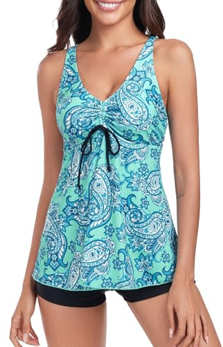 FLYILY - Traje de baño para mujer, dos piezas, estampado floral, 2 piezas, Tankini Push Up Control de Vientre Tankini Adelgazamiento con Boyshort, Greentail, L