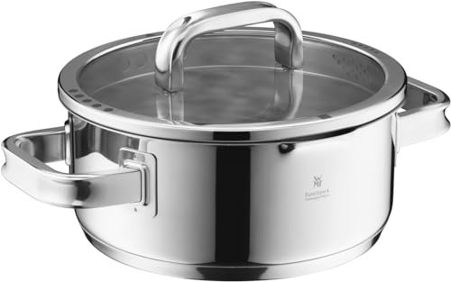 WMF Function 4 Advanced Kochtopf klein 20cm, Glasdeckel, Bratentopf Induktion 2,5l, Cromargan Edelstahl poliert, 4 Abgießfunktionen, Innenskalierung, silber