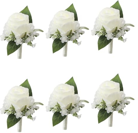 Meldel White Boutonniere for Men Wedding,Set of 6,Groomsmen Groom and Best Man Boutonniere for Wedding Prom, Rose Boutonniere for Men Wedding Ceremony Anniversary Party Homecoming