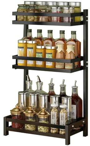Heikoeco ® Gewürzregal Küche, Küchen Organizer mit 2-3 Ebene, Gewürzregal stehend mit Messerhalter & Haken, Gewürzständer aus Metall, Küchenregal für Küche, Esszimmer, Bad (3 Ebene Hauptrahmen)