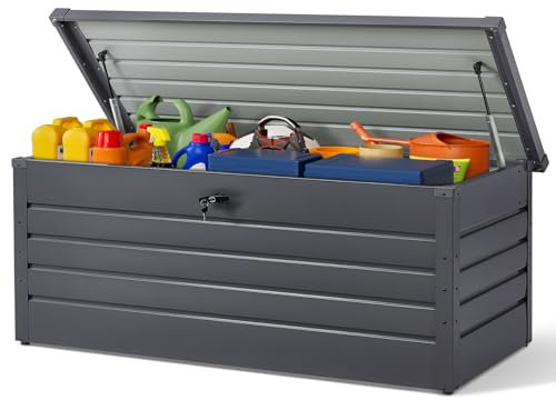 DKIEI 600L Metal Garden Storage Box - Large Outdoor Waterproof Container With Lid, Lockable for Tools, Toys, Cushions - Black, 165x70x62 cm