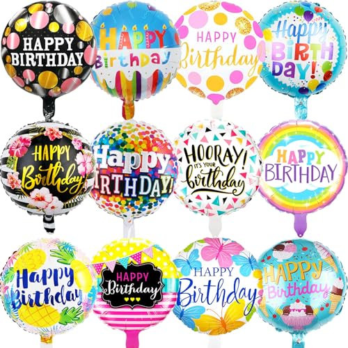 HILAVO 36PCS Happy Birthday Foil Balloons, 18 Round Mylar Helium Balloon Foil Balloons for Birthday Parties Baby Shower Decoration Supplies