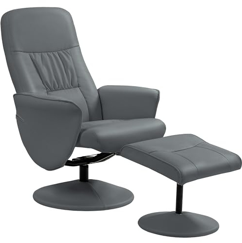 HOMCOM Swivel Recliner Chair with Footstool, PU Leather Armchair and Ottoman with High Back and Round Base for Living Room, Grey