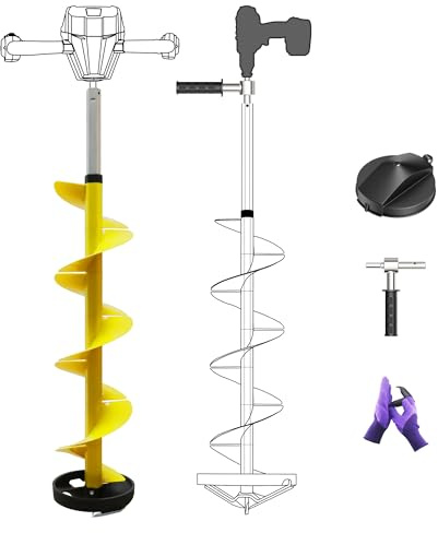 LONGRUN Ice Auger, 8 Inch Drill Auger Bit with Non-Slip Handle and Replaceable Blade Kits, Suitable for Ice Fishing, Digging Holes - Yellow