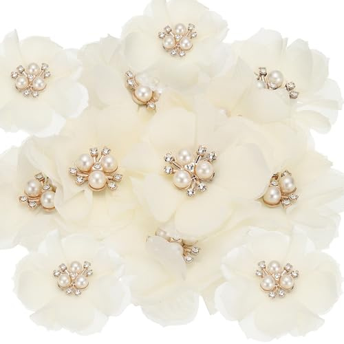 PATIKIL 6 cm strass pärla chiffong blomma 15 st beige | sömnadstyg applikationer, gör-det-själv hantverk kläder pannband bröllopsfest dekoration