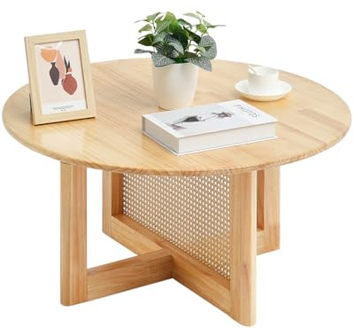 VEVOR runder Couchtisch aus geflochtenem Rattanholz mit Tischplatte aus Gummibaumholz, moderner Boho-Couchtisch (85 x 85 x 42 cm) mit Stauraum & Beinen aus Naturholz, für Wohnzimmer Schlafzimmer