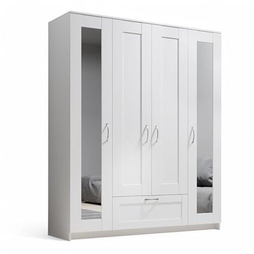 Stella Trading LEPINI Kleiderschrank mit Spiegeltüren in Weiß - Vielseitiger Drehtürenschrank 4-türig für Ihr Schlafzimmer - 156 x 191 x 50 cm (B/H/T)