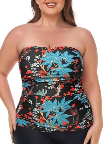 Ocean Blues Tankini bandeau sans bretelles pour femme - Contrôle du ventre - Haut de maillot de bain uniquement, Motif feuilles, XXL