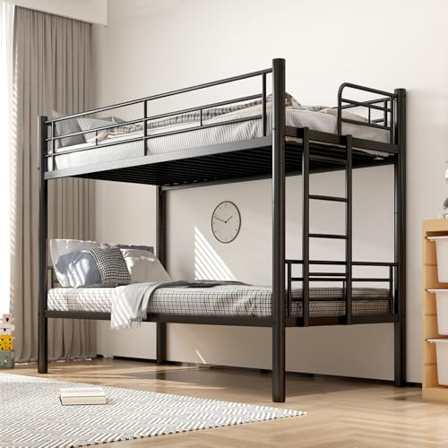 DELONGKE Letto A Castello Per Bambini, 90 x 200 cm, Con Ringhiera Di Sicurezza, Letto In Metallo, Trasformabile In 2 Letti Singoli, Bunk Bed Con Rete A Doghe Antiscivolo, Scala Nera (Letto A Castello)