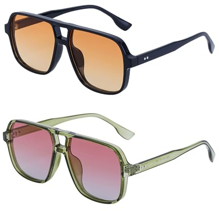 TUONYIS 2 Piezas Gafas de Sol Piloto para Hombre Mujer, Gafas de Sol Cuadradas Vintage Gafas de Sol Piloto con Doble Puente Retro Años 70 (Negro, Verde)