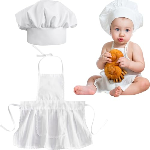 Bonnet de chef blanc pour bébé - Tablier et toque de chef pour petits chefs de 8 à 24 mois - Accessoire de photographie pour nouveau-nés et tout-petits