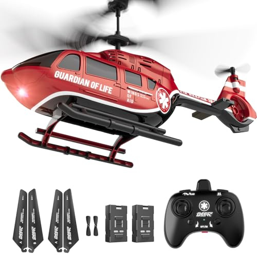 DEERC RC Helikopter, RC-helikopterleksak, LED-belysning, 2 batterier, höjdkontroll & 2,4 GHz-kontroll, realistiskt räddningsdesign, för barn och vuxna
