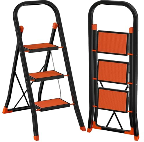 AMHANCIBLE Escabeau 3 Marches Pliable, Petit Escabeau Pliable avec Large Pédale Antidérapante et Verrouillage de Sécurité, Charge Maximale 150kg, pour Maison, Jardin, Noir Orange EBSL03RN