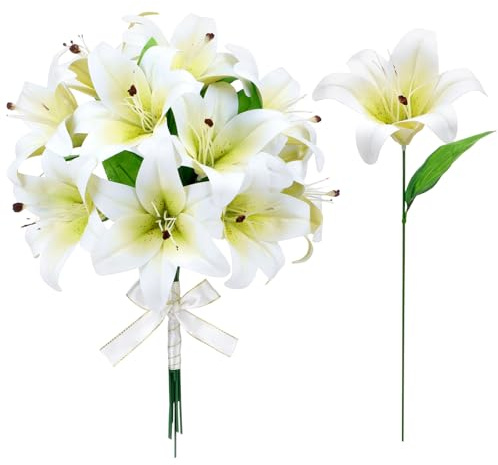 ULELE 12 Pack Artificial Lily Flowers Artificial Tiger Lily Flowers Real Touch Easter Lilies for Home Decor Indoor Wedding Party Graves Arrangement (NO VASE)