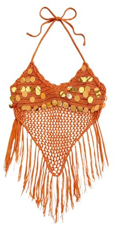 OYOANGLE Women's Glitter Sequin Sleeveless Crochet Halter Tops Fringe Hem Backless Festival Party Tops Orange Medium