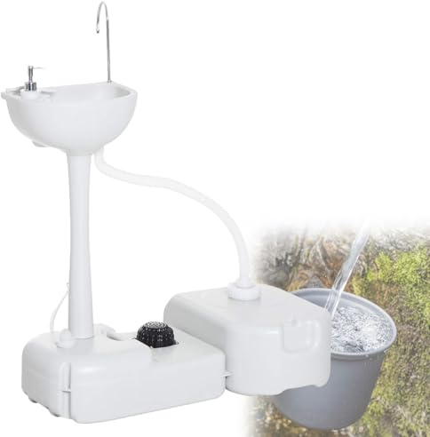 Évier portable avec réservoir d'eau, distributeur de savon et roulettes pour une utilisation en extérieur en camping, jardin, voyage et chantier