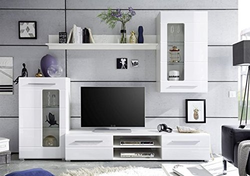AVANTI TRENDSTORE - Enrico - Parete da soggiorno in laminato di colore bianco lucido e corpo opaco, Dimensioni: LAP 240x190x43 cm