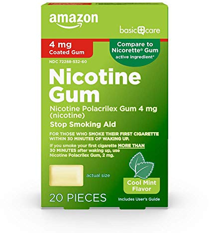 Amazon Basic Care Nicotine Polacrilex Coated Gum, 4 mg, Cool Mint Flavor, Stop Smoking Aid, Quit Smoking, Reduce Withdrawal Symptoms, 20 Count
