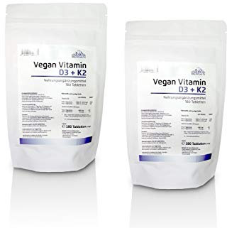 Vitamin D3 5000 I.E. (Cholecaliferol) + Vitamin K2 MK7 (Natto Menaquinon MK-7) 200mcg - 2 Beutel (360 vegane Tabletten ) - Vitamin D3 + K2 - hohe Bioverfügbarkeit - Bergen Qualitätsprodukt Deutschland