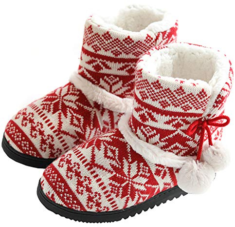 TQGOLD® Zapatillas de Estar por Casa Mujer Bota Pantuflas Cerradas Invierno Interior Antideslizante Suaves Peluche Bootie Rojo Talla 39 40