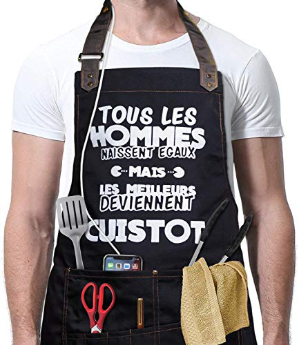 VJOLI Tablier de Cuisine Humour Barbecue Homme/Femme 6 Poches Taille Réglable Anti-Tâches Tablier Humoristique Familial, Restaurant, Jardin, Barbecue