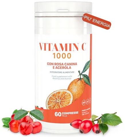 ALGILIFE VITAMINA C 1000MG, Vitamina C Pura con Rosa Canina e Acerola, Vitamina C, Vit C, dona Energia, combatte Stress, Stanchezza e Rafforza Sistema immunitario (60 compresse, scorta 2 mesi)