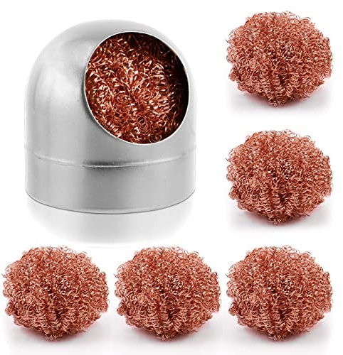 Swpeet 6Pcs Argent Soudure Pointe Nettoyeur Ensemble, Soudure Pointe Nettoyage Fil et Support Enroulé éponge en Laiton, 1Pcs Boule Shell Support Avec 5Pcs Laiton Fil Nettoyeur
