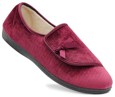 Dr Keller Womens Velour Faux Fur Lined Ladies Winter Wide Opening Diabetic Orthopaedic Slippers (Wine, UK Footwear Size System, Adult, Women, Numeric, Medium, 5)