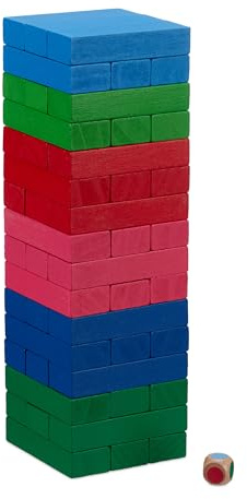 Relaxdays Juego Torre de Madera, 48 Bloques para Apilar con Dado, Diseño de 6 Colores, 24,5 x 7,5 x 7,5 cm, Multicolor