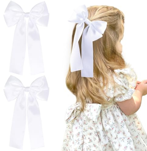 NCMAMA 2 lazos para el cabello para niñas, clip de pelo de seda blanca, accesorios para el cabello para mujeres, bebés, adolescentes, niños