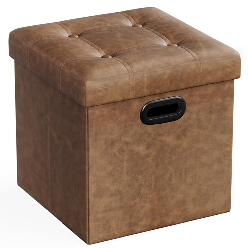 SONGMICS Mazie Collection - 15 Inches Ottoman with Storage, Footstool, Storage Ottoman with Metal Handles, Load 660 lb, for Dorm, Living Room, Bedroom, Synthetic Leather, Coffee Brown ULSF030K01