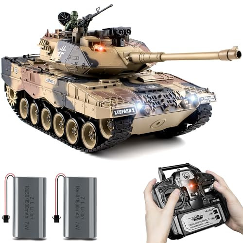 RC Panzer 1/18 Deutscher Leopard II, 2.4GHz Panzer Ferngesteuert mit Schussfunktion, WW2 Modell Kampf, mit Rauch, mit Licht und Sound, Spielzeug für Erwachsene und Kinder