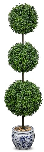 Hollyone Bolas de boj artificiales, 90 cm, árboles artificiales grandes, árbol artificial en maceta de cerámica azul y blanca, planta artificial Topiary para exterior e interior, entrada, terraza,