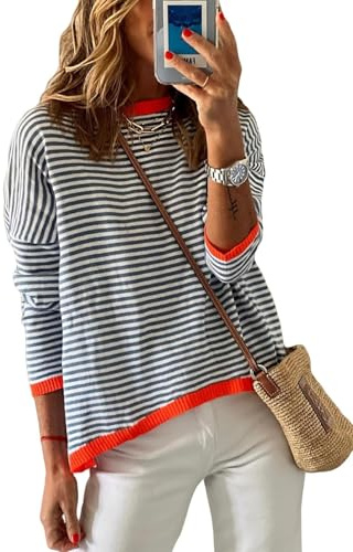 Cuptacc Sweatshirt dam utan huva dam rand rund hals långärmad t-shirt dam elegant, Mörkblå, S