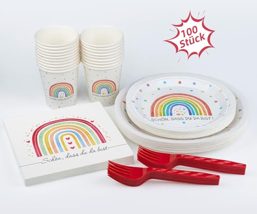 WenmthG 100 Stück Regenbogen Partygeschirr mit Spruch Schön, dass du da bist - Boho Kindergeburtstag Deko - Regenbogen Servietten Pappteller für Mädchen Jungen - Wiederverwendbar