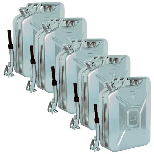 5x Benzinkanister 20 L inkl. flexibler Ausgießer & Halterung Silber Chrom Optik Kraftstoffkanister mit UN Zulassung