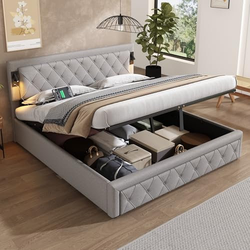 Kayan Boxspringbett 180x200 cm, Polsterbett mit hydraulisches Bettkasten, Bett mit Lattenrost, Leselicht mit USB Ladefunktion Kopfteil, Stauraumbett Doppelbett Jugendbett, Leinen Grau (180x200 cm)