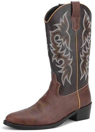 Botas Vaqueras para Hombre Botas Vaqueras Bordadas de Piel PU con Punta Redonda y Suela de Goma y tacón Alto,Coffee Color,43 EU