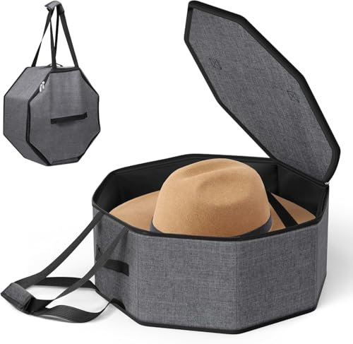 MISSLO Hat Storage Box for Travel, Collapsible Cowboy Hat Travel Case with Carry Handles, Portable Boxes for Women Men Storage Bins Large Cap Organiser with Lid, Grey