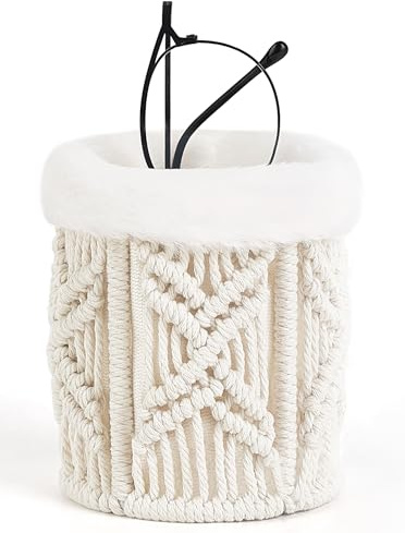Mkono Porte-lunettes doublé en peluche Macrame Support de lunettes de protection tissé Étui de protection anti-rayures Organisateur de rangement pour table, bureau, table de chevet, bureau, ivoire