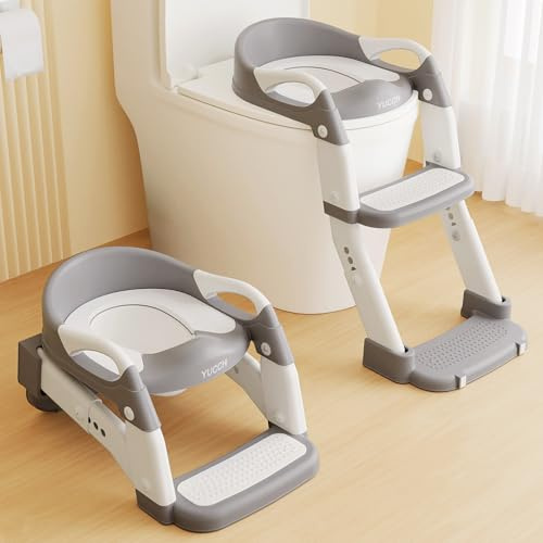 Yucch Toilettensitz Kinder mit Treppe – Upgraded 2-in-1 Kind Toilettensitz höhenverstellbar, rutschfest – WC Sitz mit abnehmbarem Topf & weichem PU-Polster (1–6 Jahre, Grau)