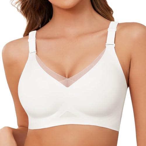 Lonya Reggiseno Senza Ferretto Donna Push Up Reggiseni Scollo a V Support Imbottito Senza Cuciture Comfy Bralette Pizzo Comodo Bra Bianco,XL