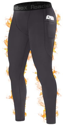 Roadbox Thermal Compression Pants Men, Sports Workout Fleece Lined Leggings, Football Running Base Layer Tights with Pocket