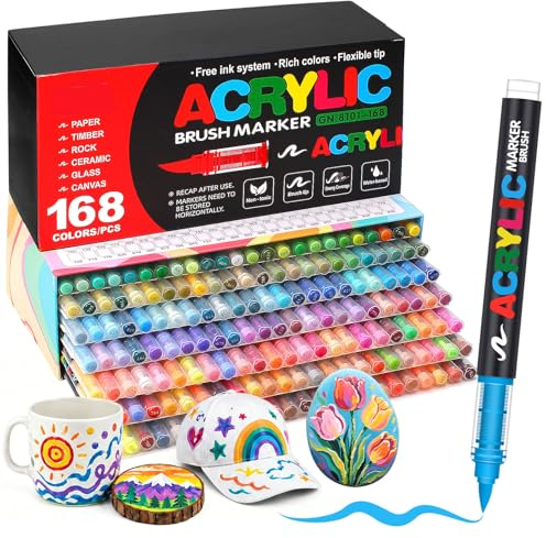 Melifluo Feutre Acrylique Lot de 168 Couleurs à Pointe Pinceau – Marqueur Peinture Acrylique Adulte, Encre à l'Eau Couvrante pour Pierre, Verre, Bois, Tissu, Toile – Coffret Cadeau Loisirs Créatifs