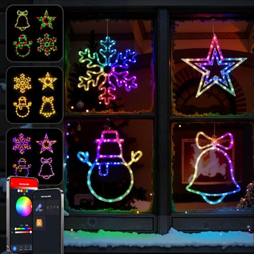 Christmas Window Lights Decorations, Christmas Window Silhouette Lights App Control Color Changing DIY Scene Mode Timer, 4Pack Snowflake Snow Man Star Bell for Holiday Indoor Wall Door Decor