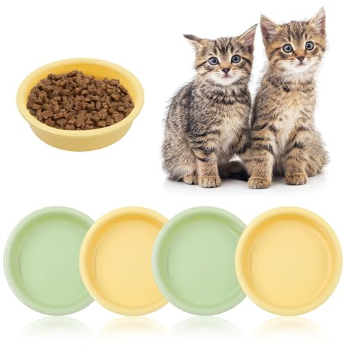 4Pièces Mignon Gamelle Chat, Jaune Vert Durable Bol Chat Gamelle Plate, Assiette Chaton pour Nourriture Sèche et Humide, Assiettes pour Chatons et Petits Animaux avec
