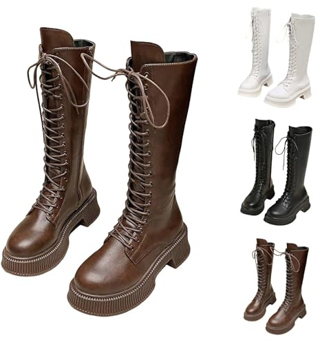 Generisch Bottes hautes d'hiver pour femme - Bottes longues - Semelle extérieure plate antidérapante - Bottes d'équitation à lacets - En cuir synthétique - Bottes compensées - Bout rond - Bottes