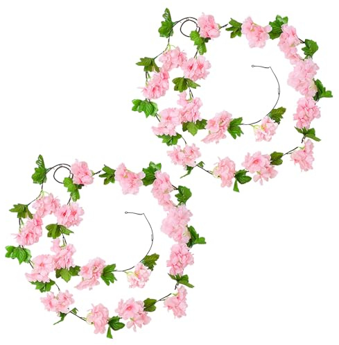 Keltra 2 Pcs 230cm Artificial Flowers Pink Cherry Blossom Fake Flowers Garland Vines Hanging Silk Flowers Vines Pink Artificial Flower Garland Decoration for Outdoor Indoor Wedding Wall Garden Home
